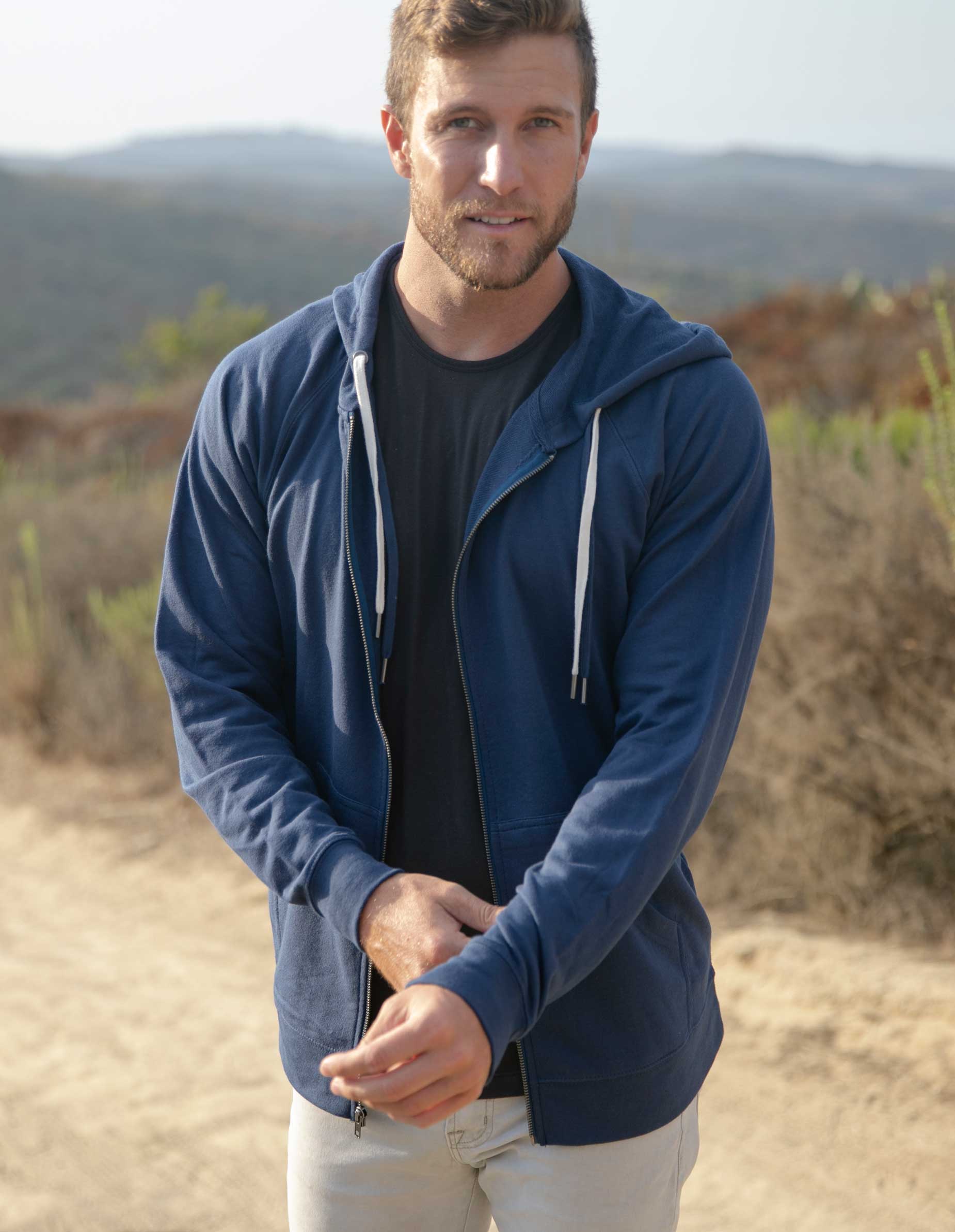 Unisex Lightweight Loopback Terry Zip Hood Indigo