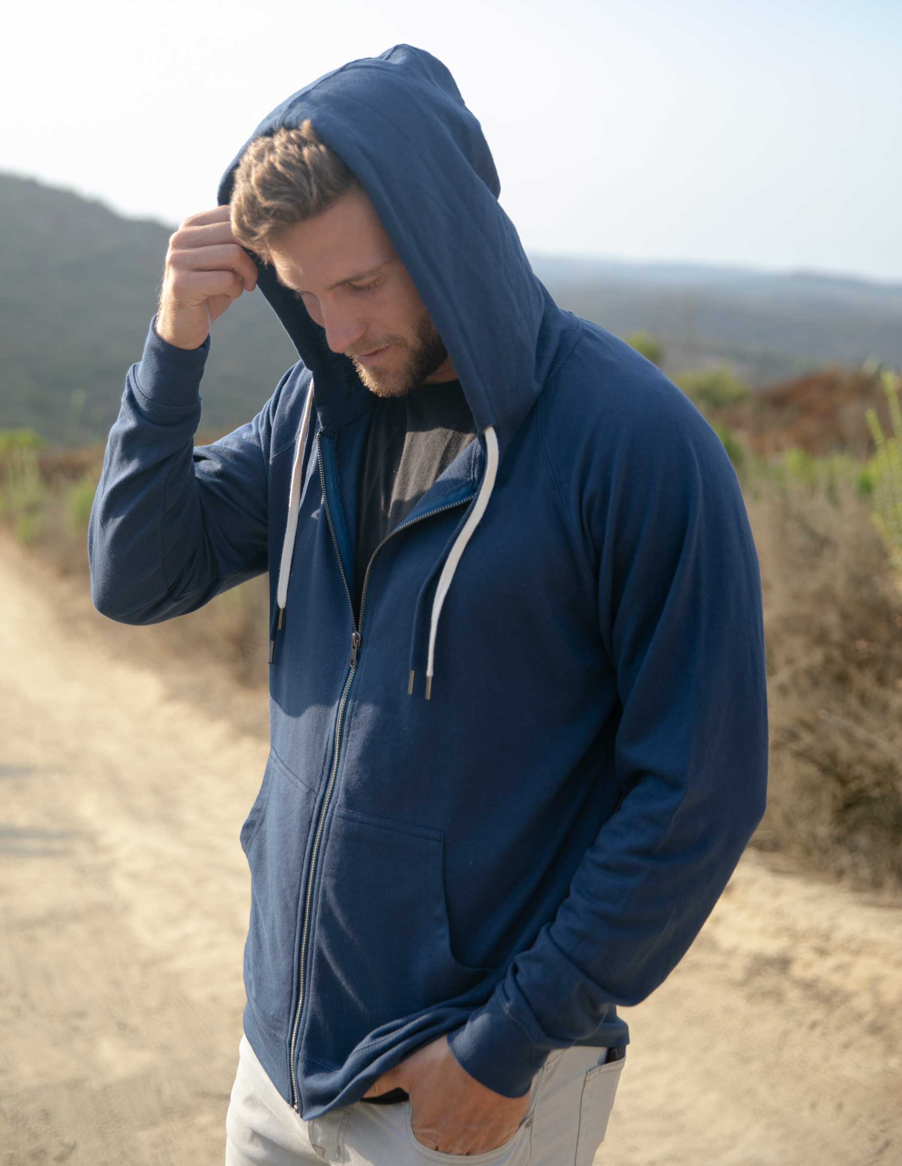 Unisex Lightweight Loopback Terry Zip Hood Indigo