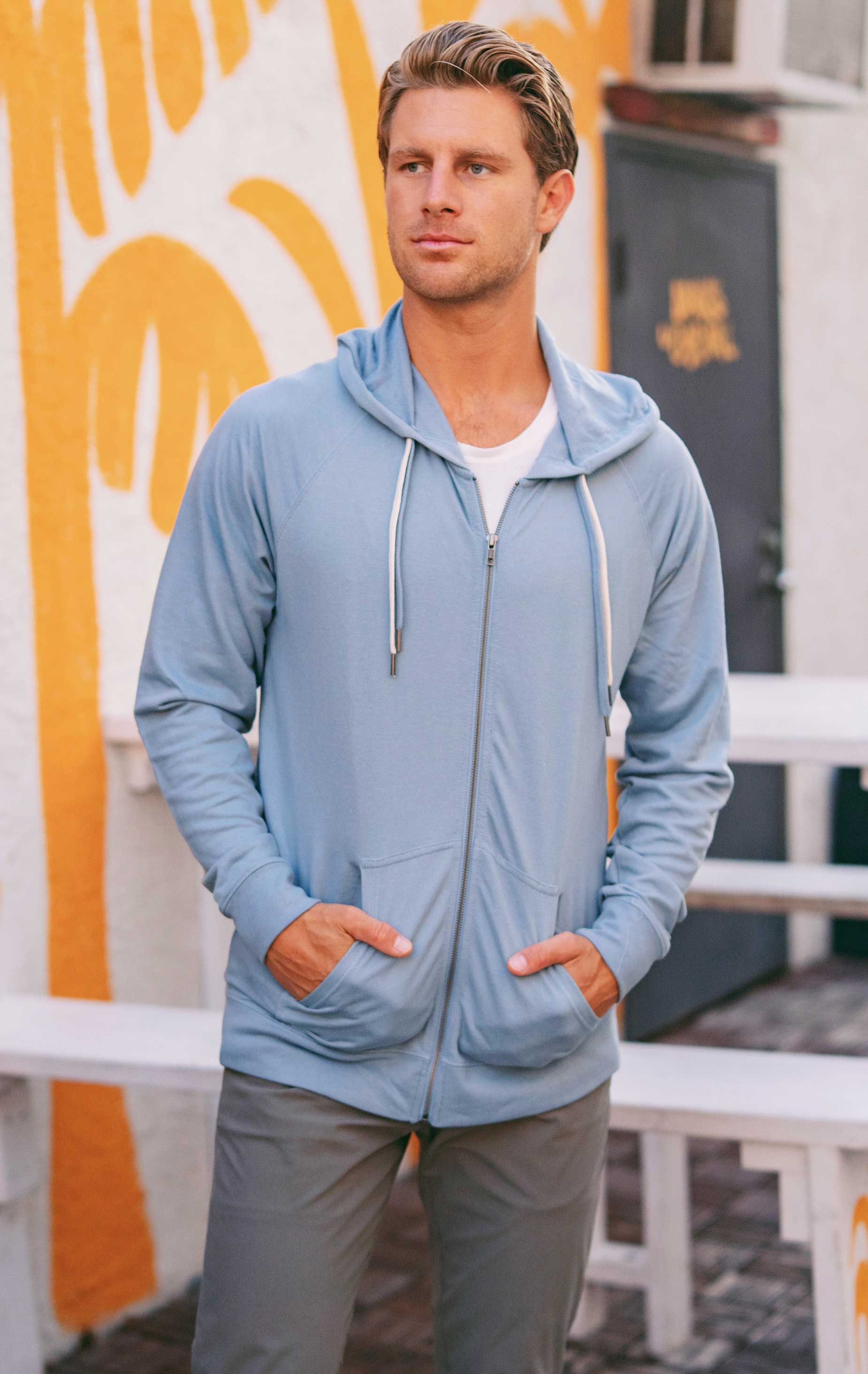 Unisex Lightweight Loopback Terry Zip Hood Misty Blue